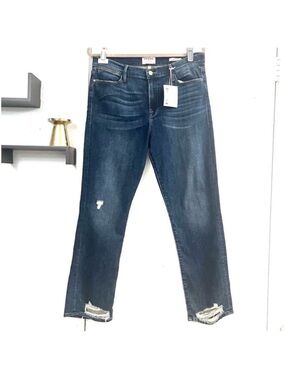 Frame Dark Wash Distressed Slim Jeans - Blue Size 32
